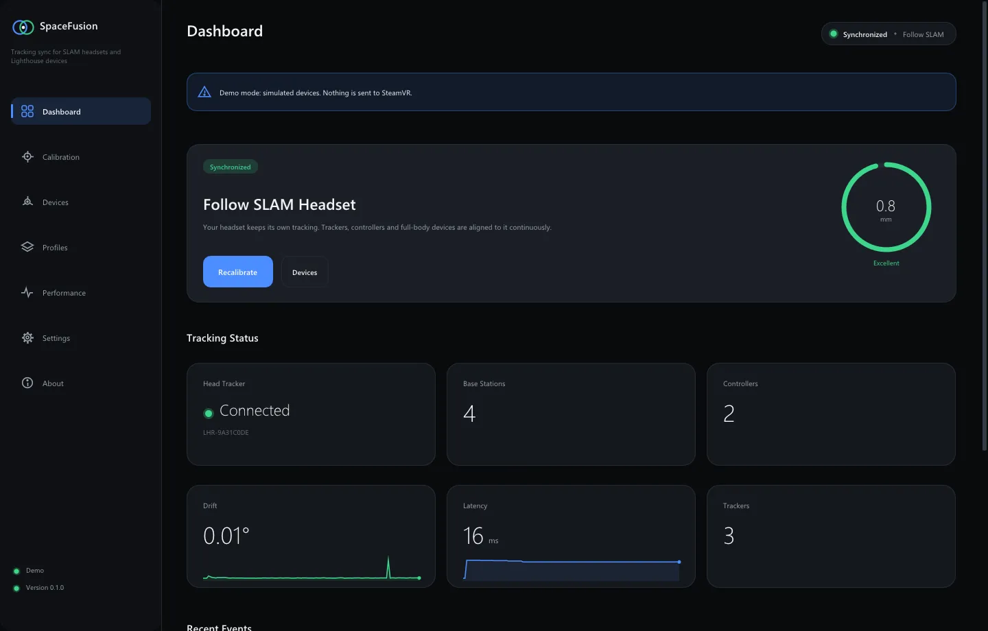 SpaceFusion dashboard in Follow SLAM mode, showing a synchronized headset, tracking status, drift and latency